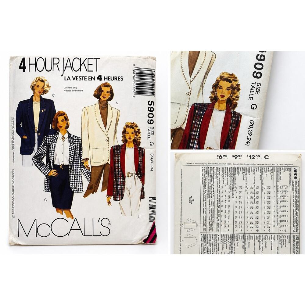 McCall’s 5909 4 Hour Jacket Sewing Pattern Size G 20-24 Uncut VTG 1992